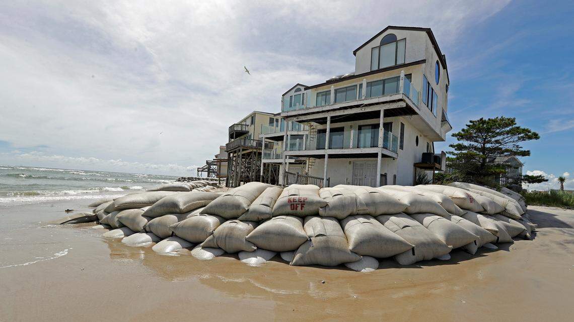 Sand bags surrounded homes on North Topsail Beach as Hurricane Florence threatened the coast.
