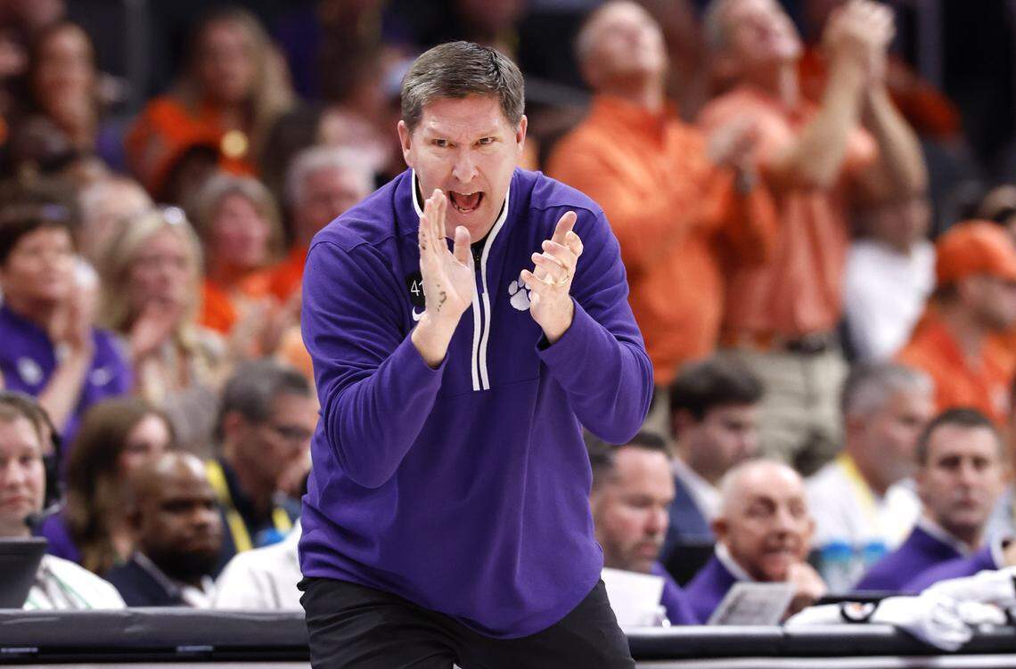 Clemson head coach Brad Brownell encourages his team during the second half of Clemson’s 71-62 victory over Wake Forest in the second round of the 2026 ACC Men’s Basketball Tournament at the Spectrum Center in Charlotte, North Carolina, on Wednesday, March 11, 2026.