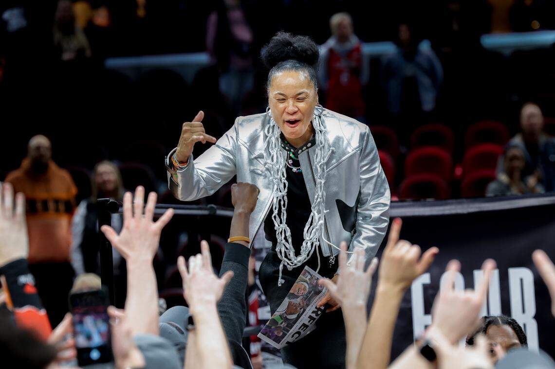 Dawn Staley during the National Championship game at the Rocket Mortgage FieldHouse in Cleveland, Ohio on Sunday April 7, 2024.