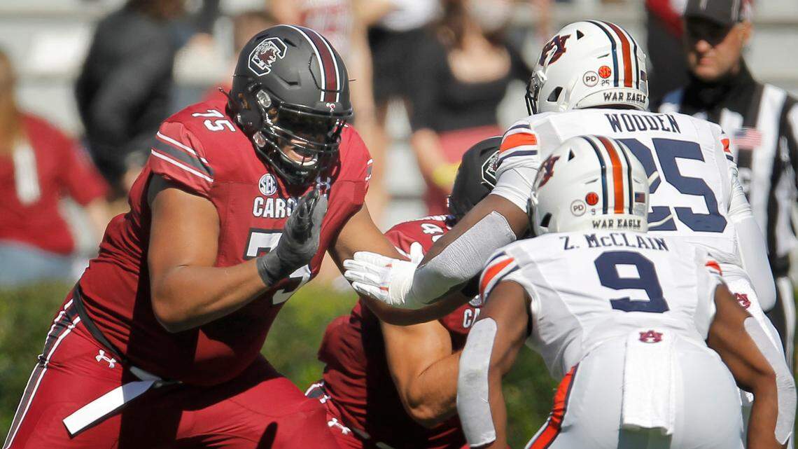 South Carolina offensive lineman Jazston Turnetine blocks against Auburn on Saturday Oct. 17, 2020 in Columbia, S.C.