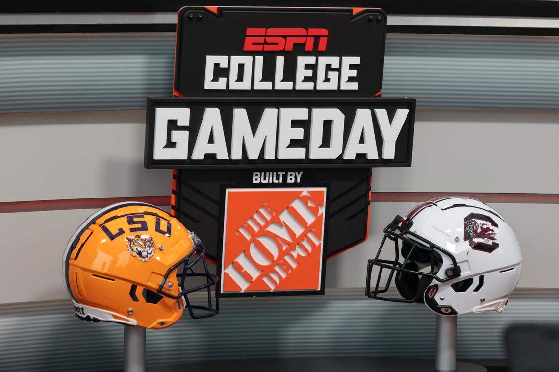 Football helmets sit on stage for the broadcast of ESPN College Gameday at Gamecock Park on Saturday, Sept. 14, 2024.