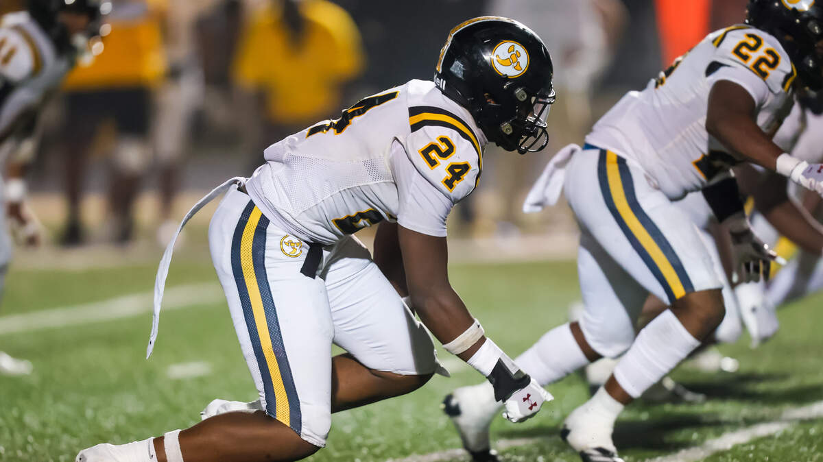 Irmo Yellow Jackets defensive lineman Jaiden Bryant (24) rushes the QB during their game at Dutch Fork High School, 11/8/24.