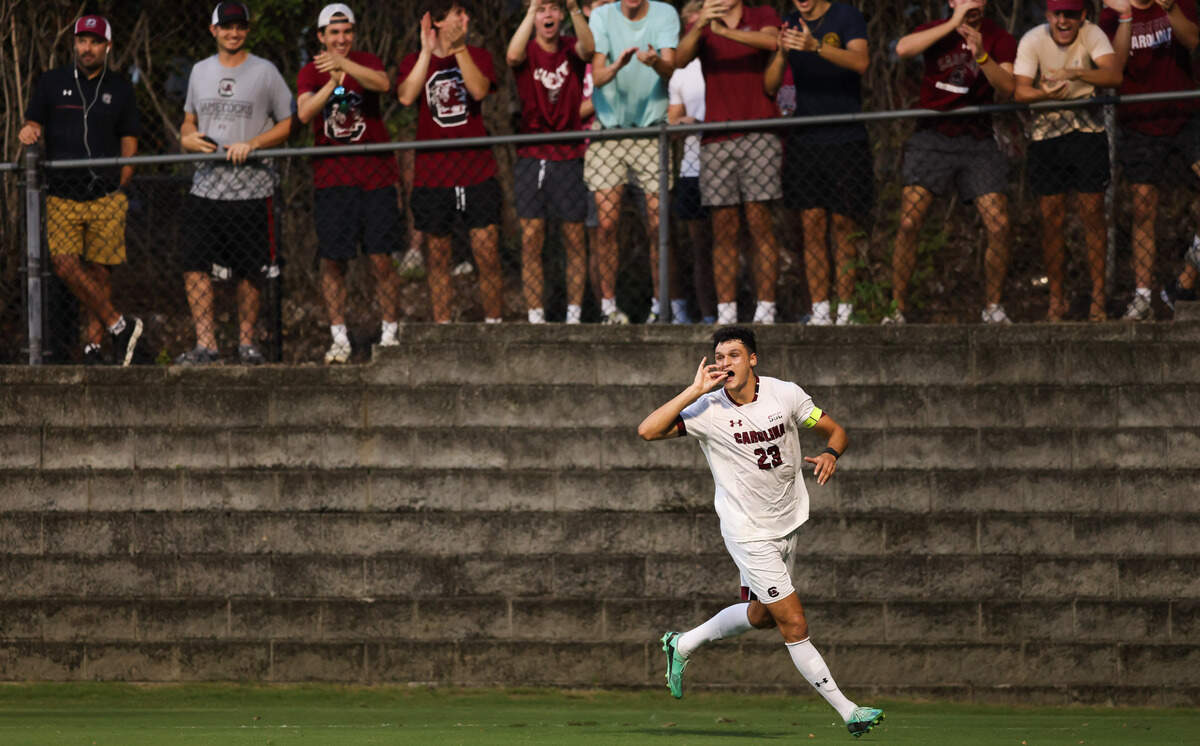 South Carolina forward Harrison Myring (23) celebrates after scoring during the Gamecocks’ game against Tigers in Columbia on Friday, August 30, 2024.