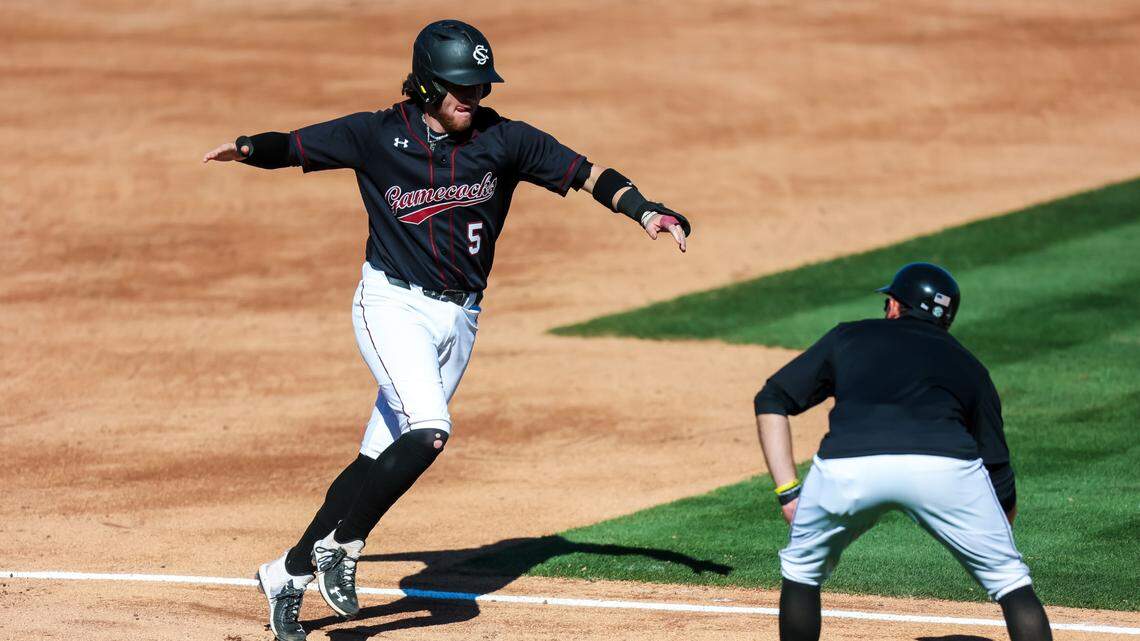 South Carolina Gamecocks third baseman Talmadge LeCroy (5) celebrates a home run against the Clemson Tigers during the game at Founders Park in Columbia, SC, March 5, 2023.
