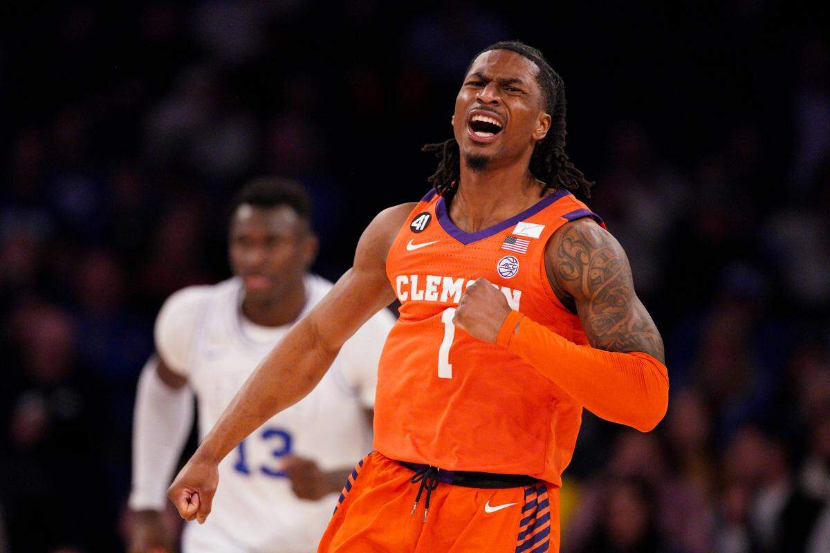 Jestin Porter of the Clemson Tigers reacts after scoring Tuesday against the BYU Cougars.