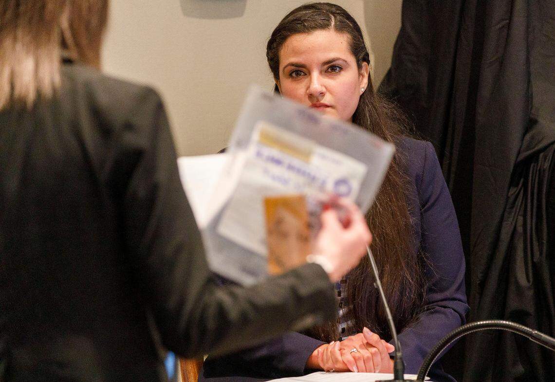 Prosecutor Savanna Goude questions Sara Zapata, a SLED forensic scientist, during the Alex Murdaugh trial at the Colleton County Courthouse in Walterboro, Monday, Feb. 13, 2023. Grace Beahm Alford/Staff