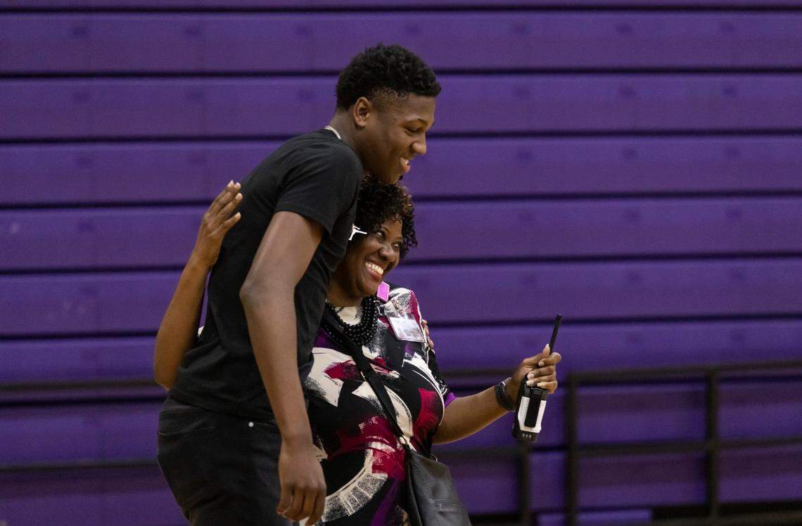 Five-star basketball player GG Jackson, who announced his decision to attend the University of North Carolina during a ceremony held at Ridge View High School, hugs principal Dr. Brenda Mack-Foxworth on Wednesday, April 27, 2022, in Columbia.