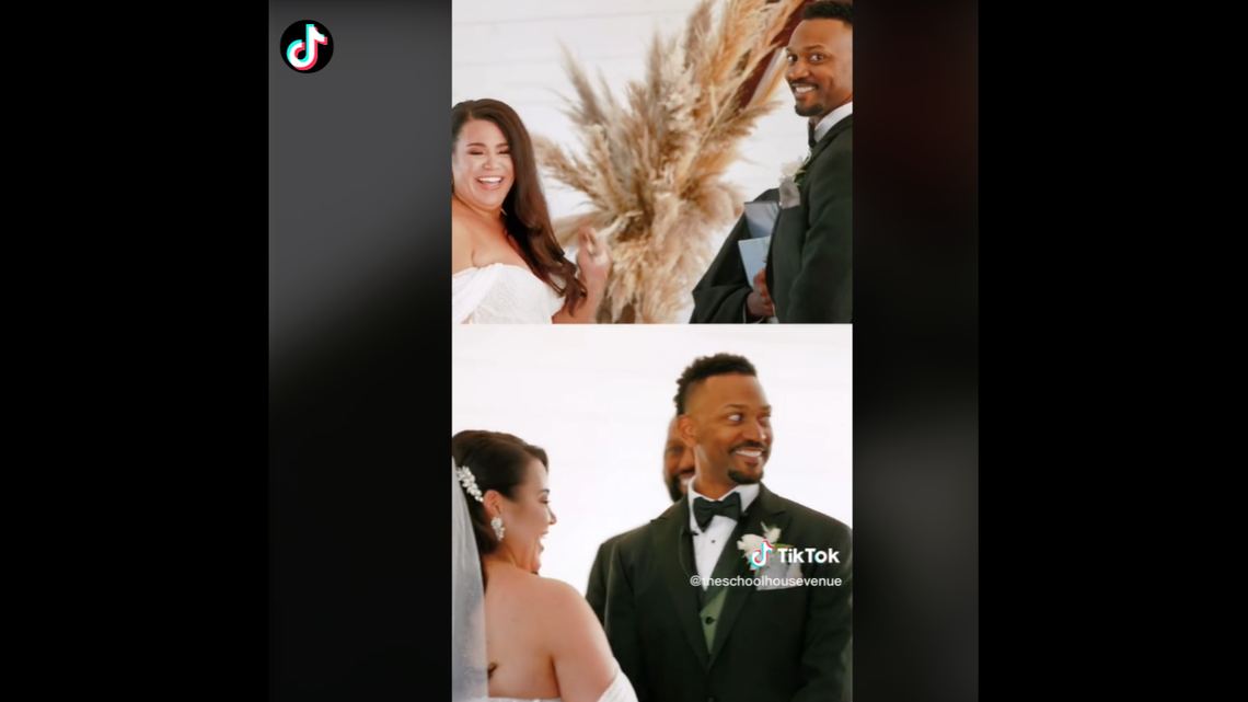 The joke created a lighthearted moment during the couple’s wedding ceremony, video shows.