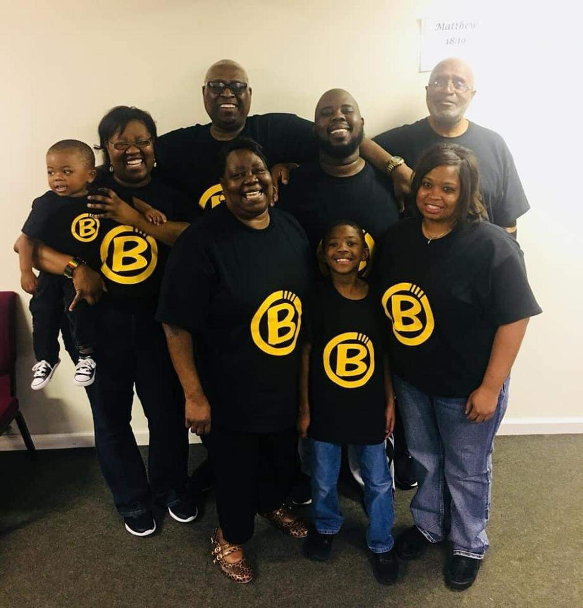 Terry Barrett poses with his family, grandson Carson Jaxon; daughter Shannon; son Terrence; Terry’s oldest brother, Van Barrett; wife Kathleen Barrett; grandson Josiah Joel; and daughter-in-law Keri Barrett.
