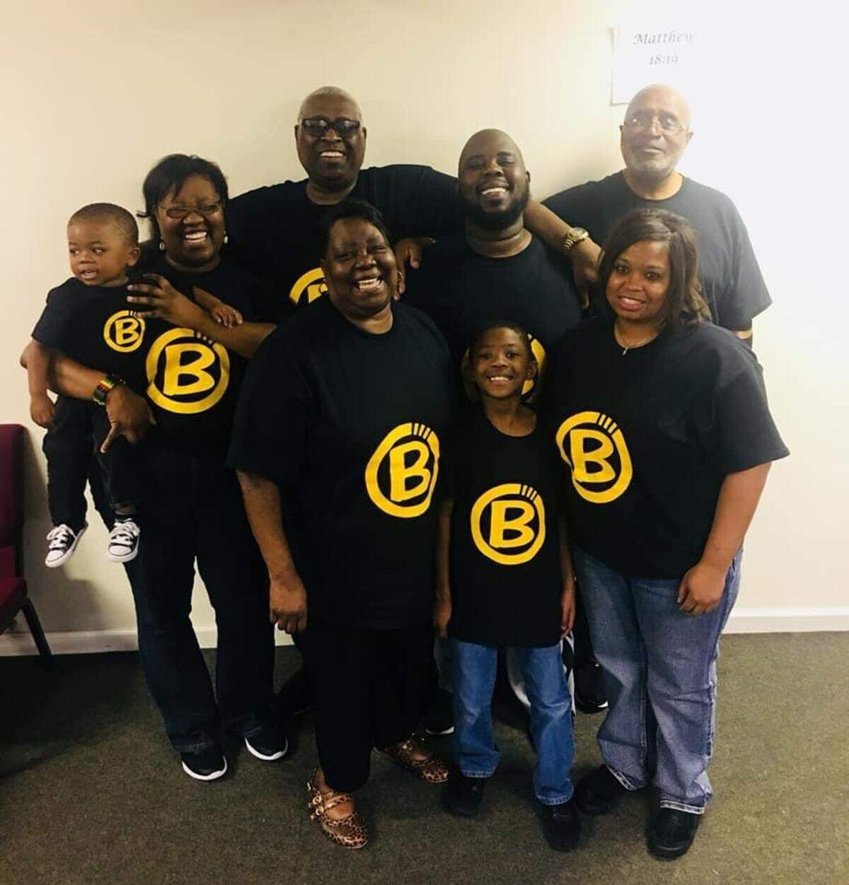 Terry Barrett poses with his family, grandson Carson Jaxon; daughter Shannon; son Terrence; Terry’s oldest brother, Van Barrett; wife Kathleen Barrett; grandson Josiah Joel; and daughter-in-law Keri Barrett.