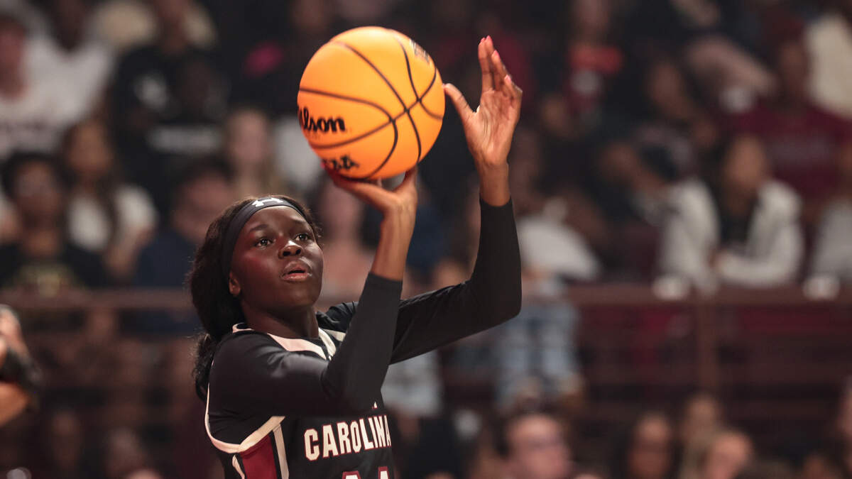 University of South Carolina's Agot Makeer (44) shoots during the GarNET & Black Madness on Tue., Oct. 21, 2025 at Colonial Life Arena.