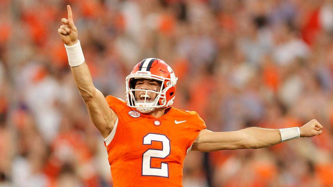 Clemson quarterback Cade Klubnik (2) calls out a play to his team during a hurry-up offense against North Carolina during late, first-half action in Clemson, S.C. on Saturday, Nov.18, 2023. (Travis Bell/SIDELINE CAROLINA)