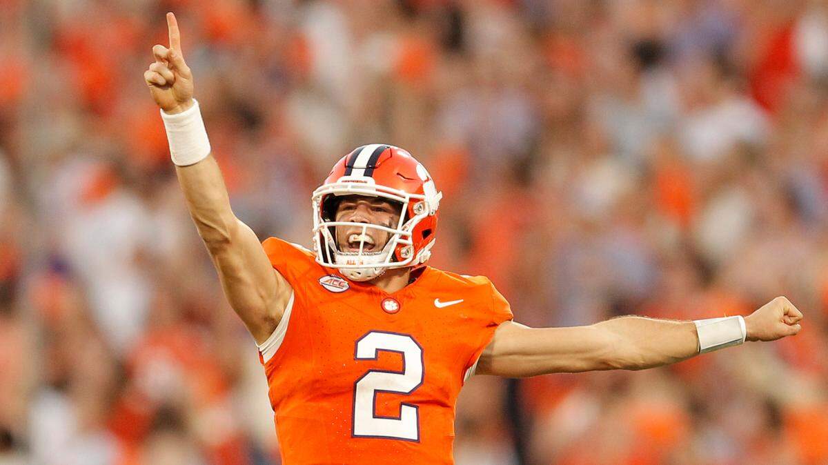 Clemson quarterback Cade Klubnik (2) calls out a play to his team during a hurry-up offense against North Carolina during late, first-half action in Clemson, S.C. on Saturday, Nov.18, 2023. (Travis Bell/SIDELINE CAROLINA)