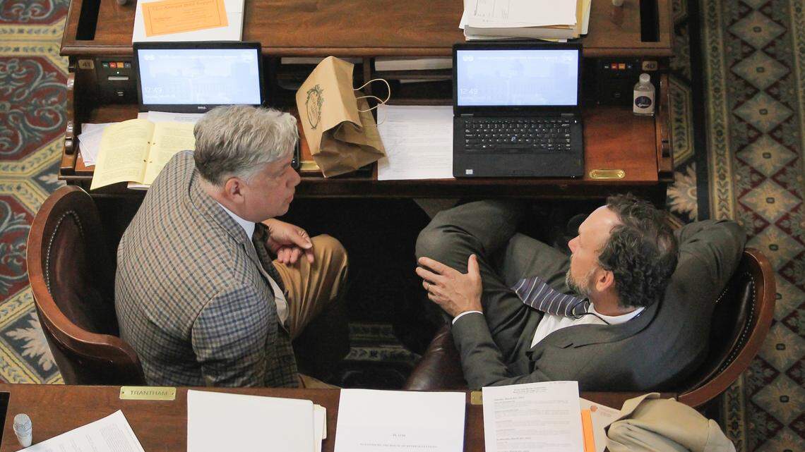 Rep. Mark Willis, left, talks with Rep. Bruce Bannister during a House of Representatives session in Columbia, S.C. on Tuesday, March 29, 2022. (Travis Bell/STATEHOUSE CAROLINA)