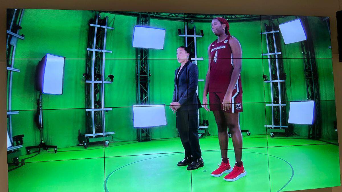 Dawn Staley and Aliyah Boston in studio for an upcoming hologram PSA