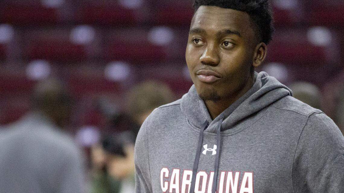 Jermaine Couisnard stands on the court before the game against Augusta University at Colonial Life Arena on Oct. 26, 2018, in Columbia, S.C.