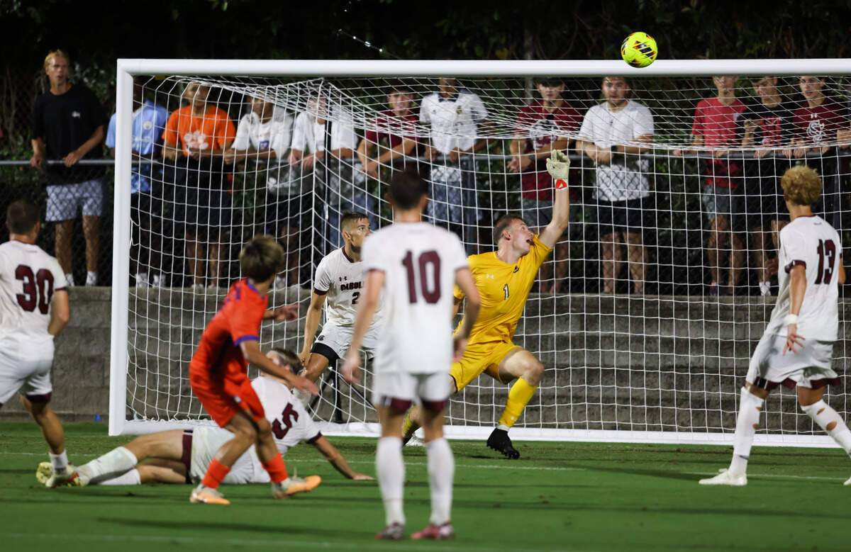 South Carolina goalkeeper Filip Versterre (1) reaches up as a goal is scored over his head during the Gamecocks’ game against Tigers in Columbia on Friday, August 30, 2024.