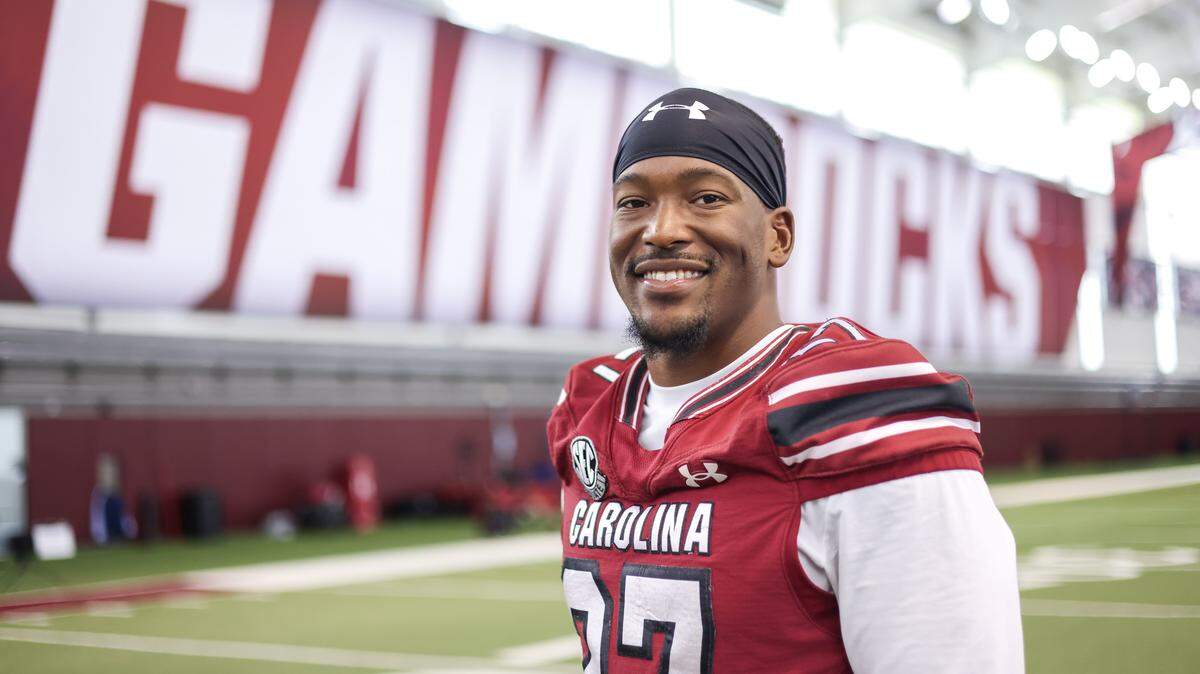 South Carolina running back Oscar Adaway III (27) is seen during Media Day in Columbia on Thursday, July 31, 2025.