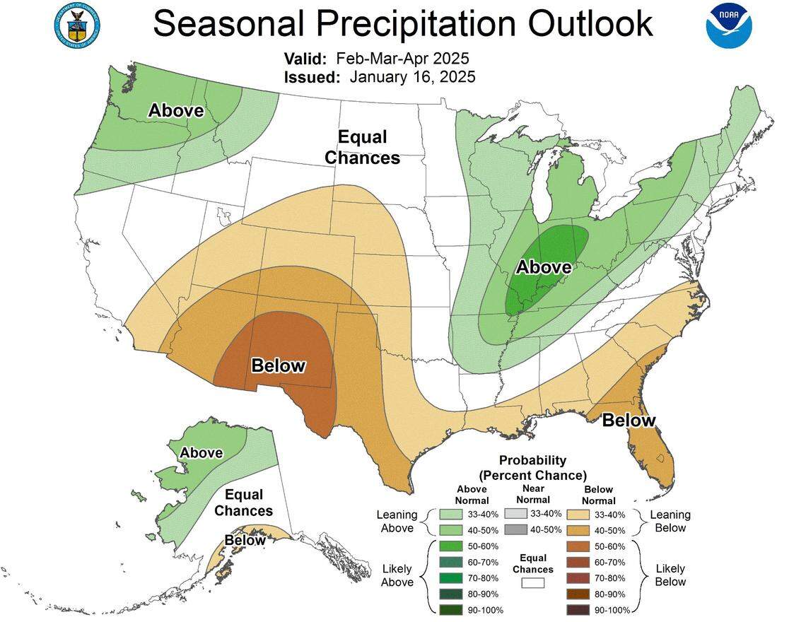 A U.S. map that shows likely precipitation trends from February through April.