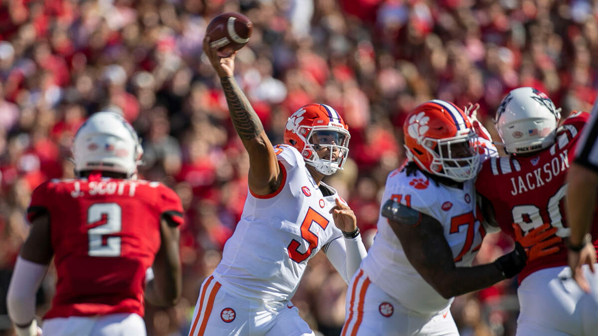 Clemson quarterback D.J. Uiagalelei (5) looks for a receiver in the first quarter against N.C. State on Saturday September 25, 2021 at Carter-Finley Stadium in Raleigh, N.C.