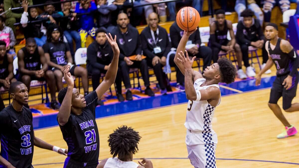 Keenan Raiders Q’Dardruis Sanders (3) shoots over Ridge View Blazers Ja’Von Benson (21) during the 2018 Chick-fil-A Classic at Richland Northeast High School. Keenan is ranked No. 1 in latest Midlands Top 10 poll this week.