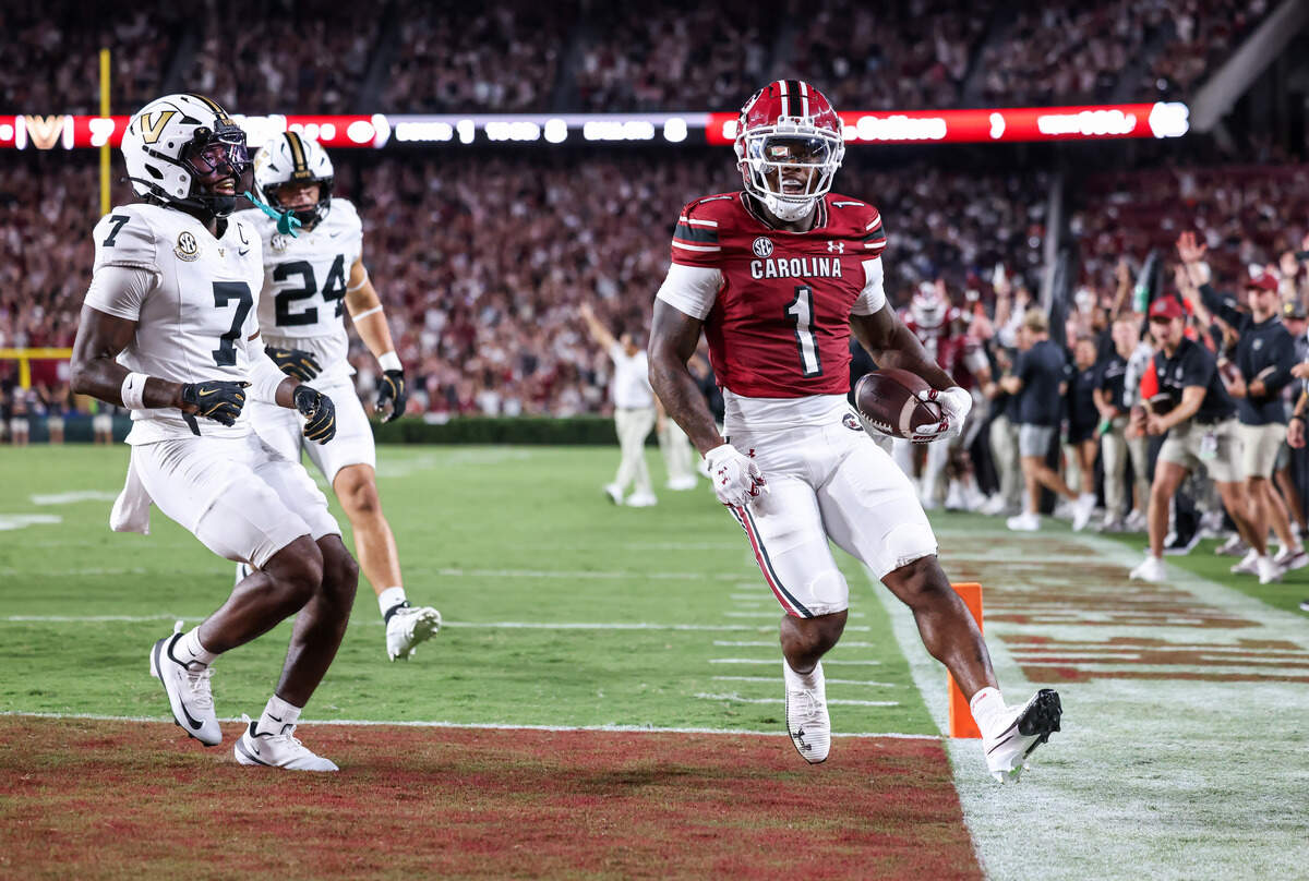 South Carolina running back Rahsul Faison (1) celebrates a touchdown during the first half of the Gamecocks’ game against Vanderbilt at Williams-Brice Stadium in Columbia on Saturday, September 13, 2025.