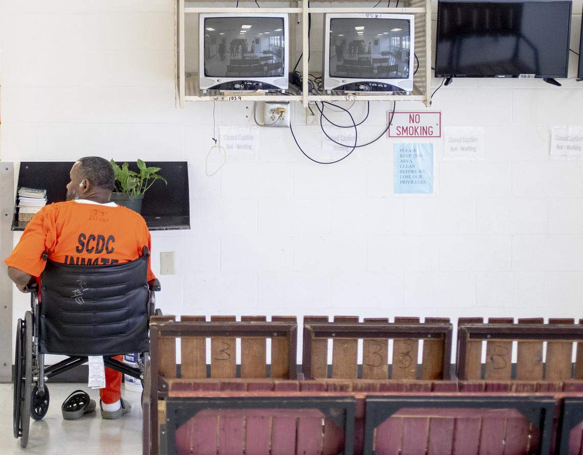 An SCDC inmate stops in front of the TV area at Kirkland Correctional Institution Thursday March 14, 2019, in Columbia, SC.