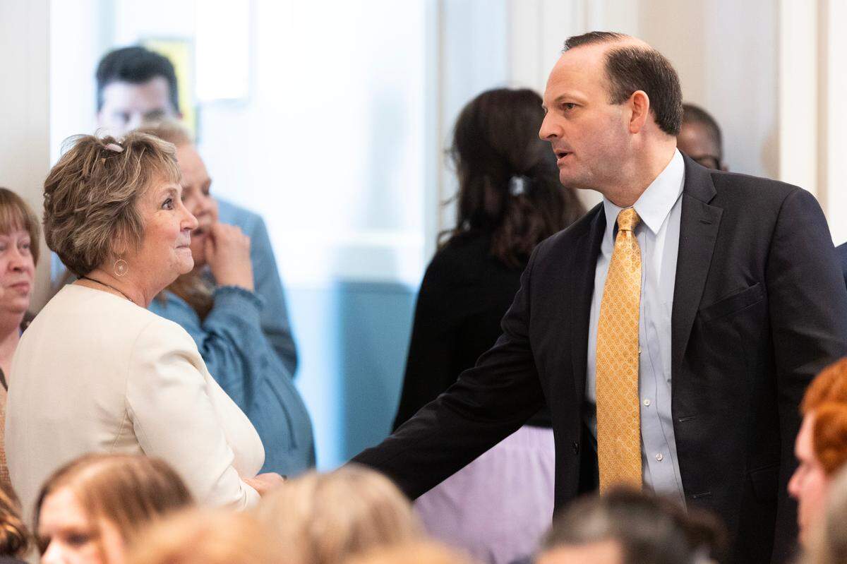 Colleton County Clerk of Court Becky Hill speaks with South Carolina Attorney General Alan Wilson during a break in Alex Murdaugh’s trial for murder at the Colleton County Courthouse on Thursday, February 9, 2023. Joshua Boucher/The State/Pool