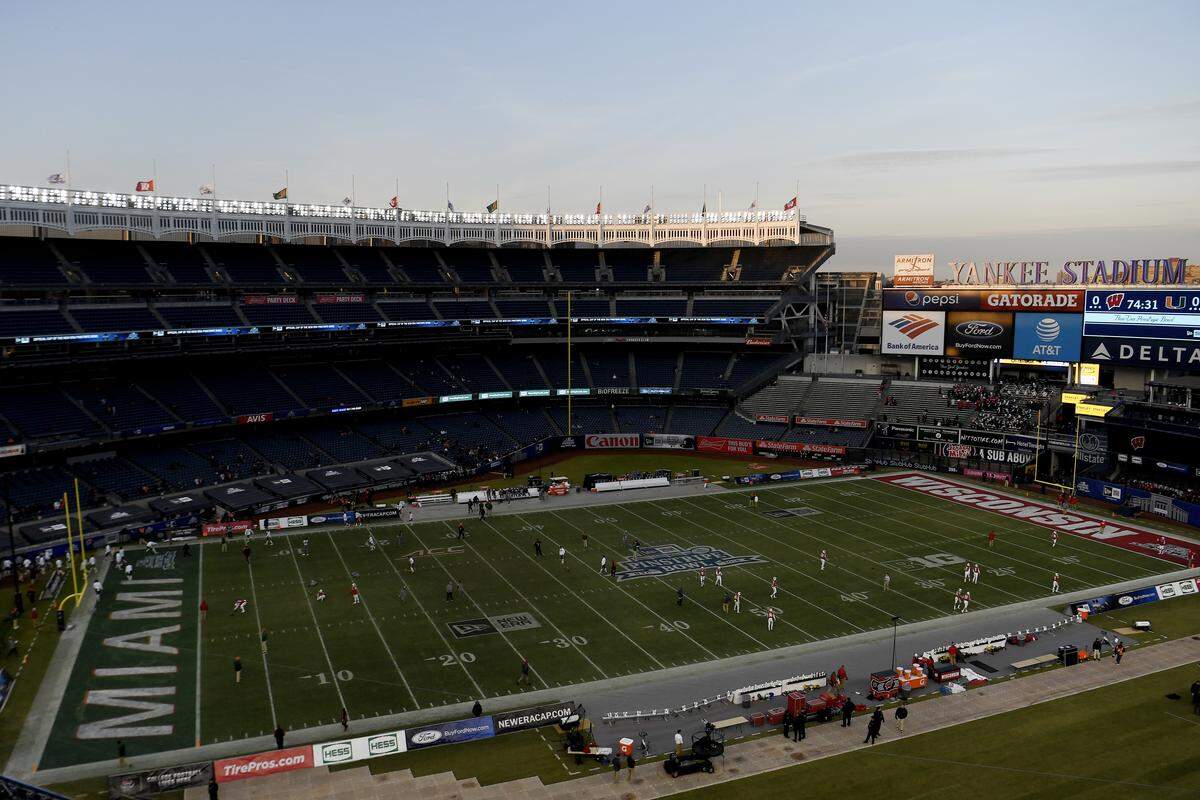 A general view during the pregame warmups at the New Era Pinstripe Bowl played between the Miami Hurricanes and the Wisconsin Badgers at Yankee Stadium on Dec. 27, 2018.