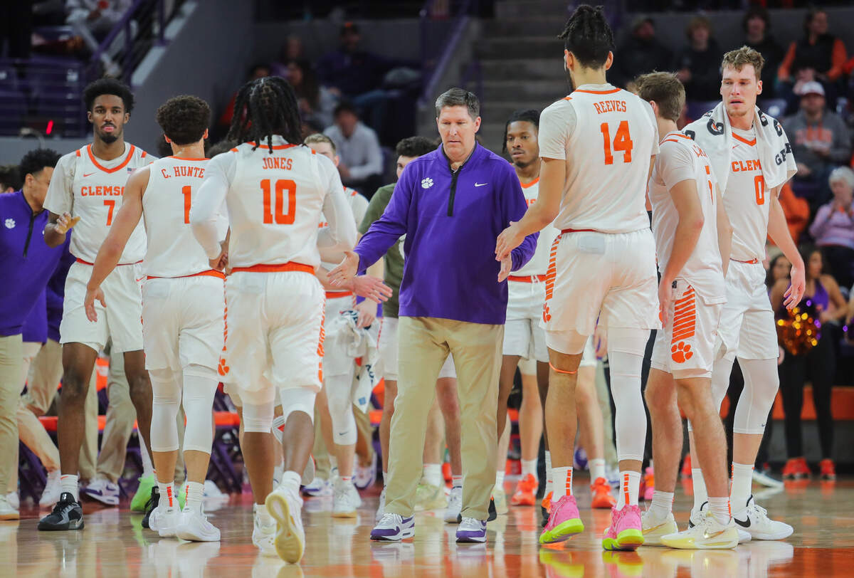 Clemson head coach Brad Brownell greets his team during a timeout during the first half against Syracuse on Wednesday, January 22, 2025 in Clemson, S.C.