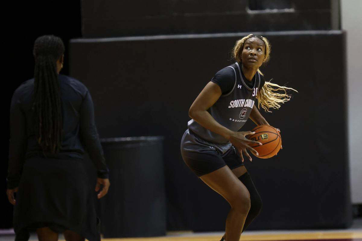 University of South Carolina forward Maryam Dauda (30) shoots free throws during practice on Monday, Oct. 14, 2024