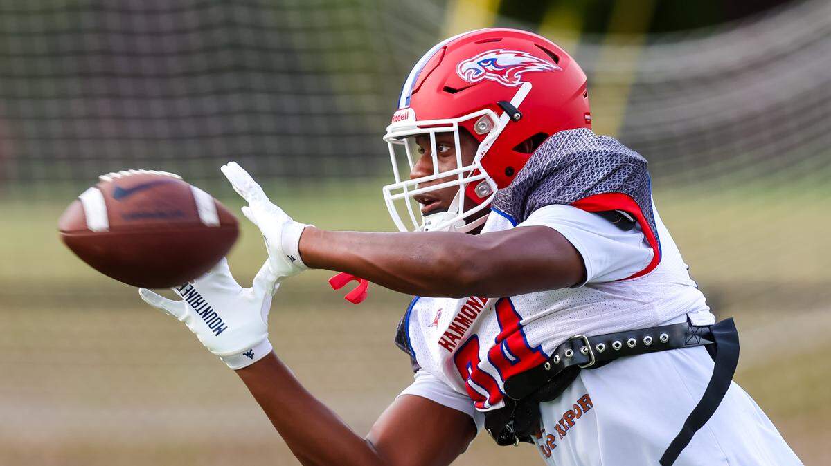 Hammond tight end Mike Tyler makes a reception during warmups of their three-team scrimmage at Dreher High School on Aug. 12, 2024.