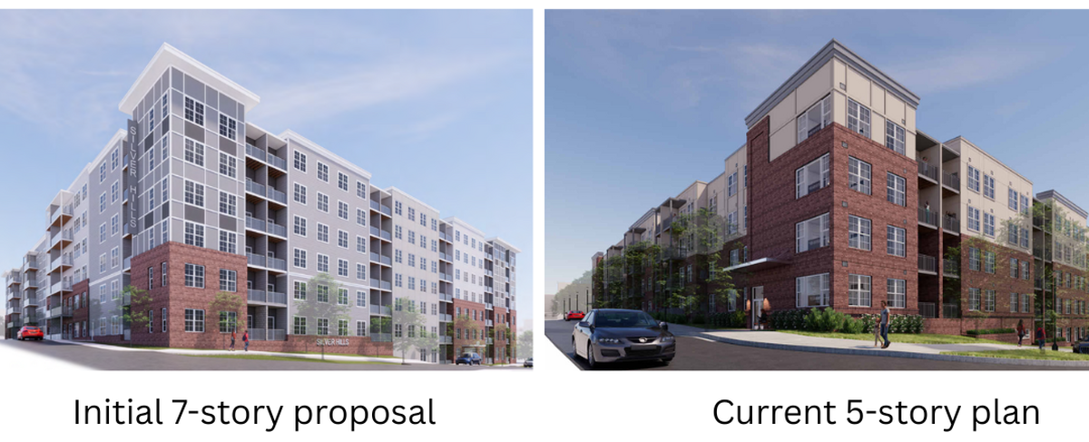 Silver Hills initially planned a 7-story apartment complex but will now build a 5-story apartment building with 202 units, on a portion of the former Kline Iron & Steel site, where numerous past redevelopment efforts have failed.