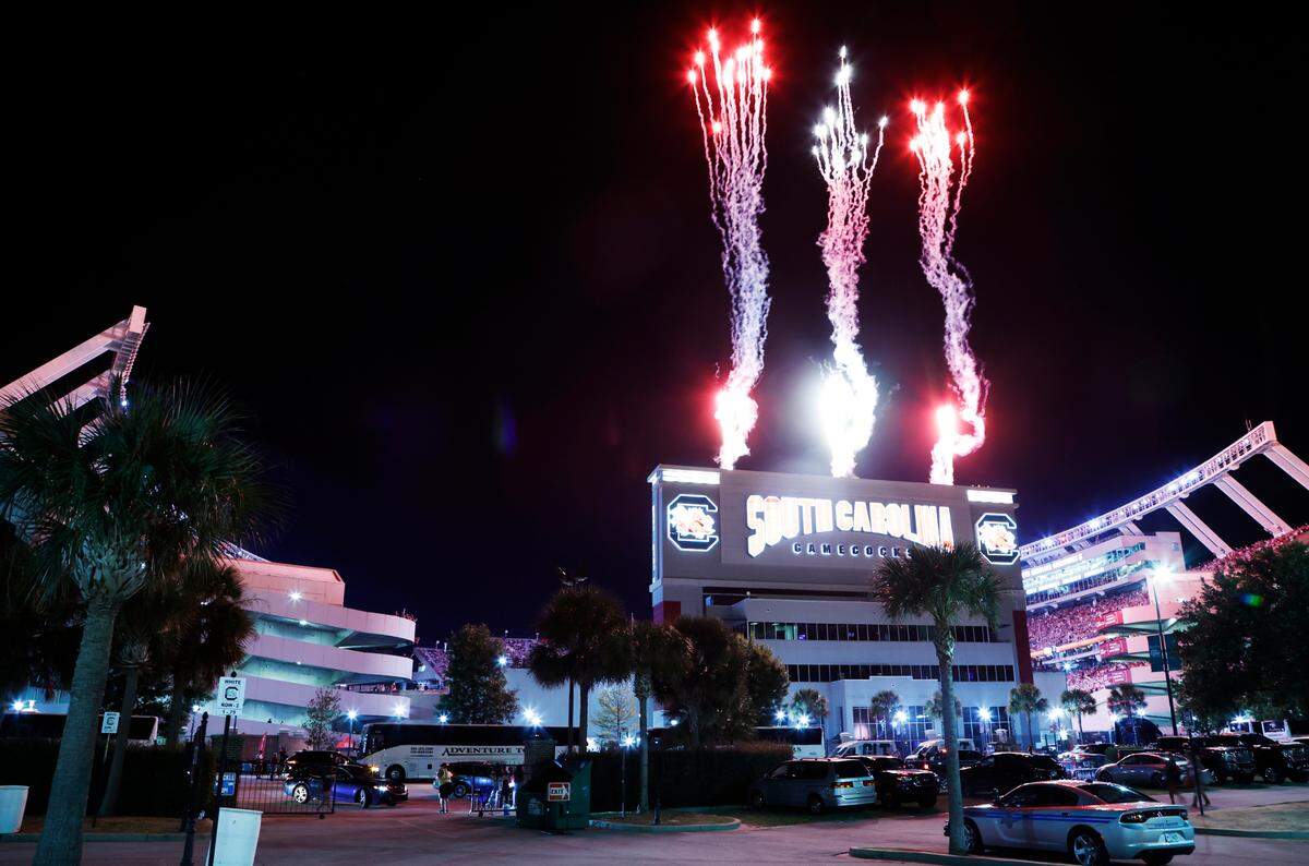 Fireworks soar over Williams-Brice Stadium as South Carolina score against Charlotte on Saturday, September 24, 2022. 