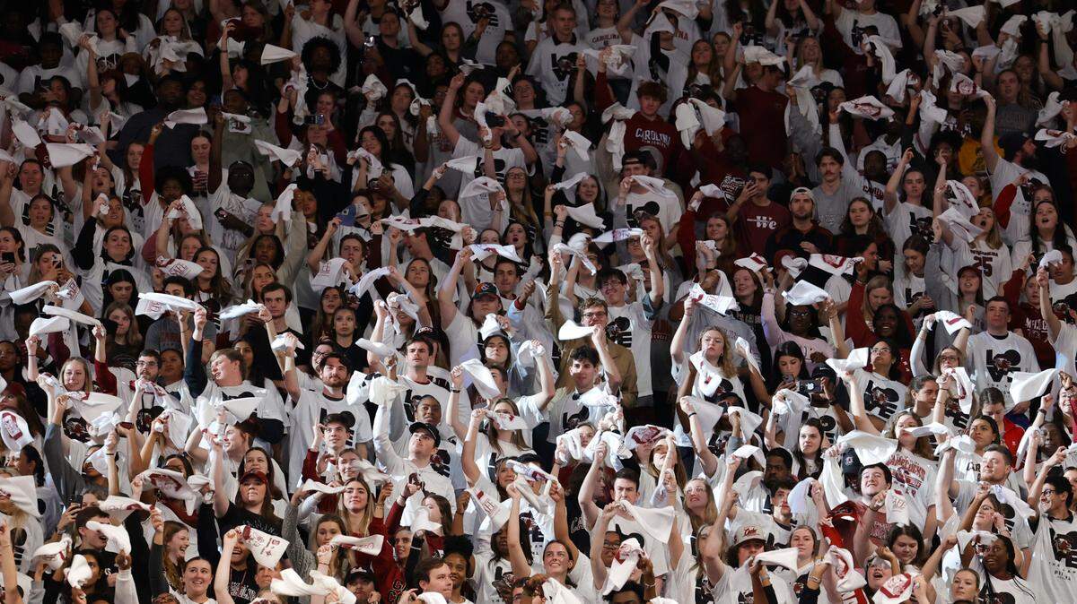 Fans celebrate during the first half of action as The Gamecocks take on UConn in the Colonial Life Arena on Sunday, Feb. 11, 2024