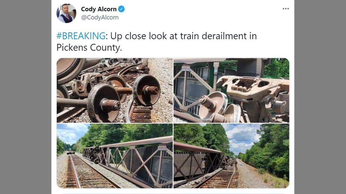 Several train cars derailed in Pickens County, South Carolina, on Wednesday.