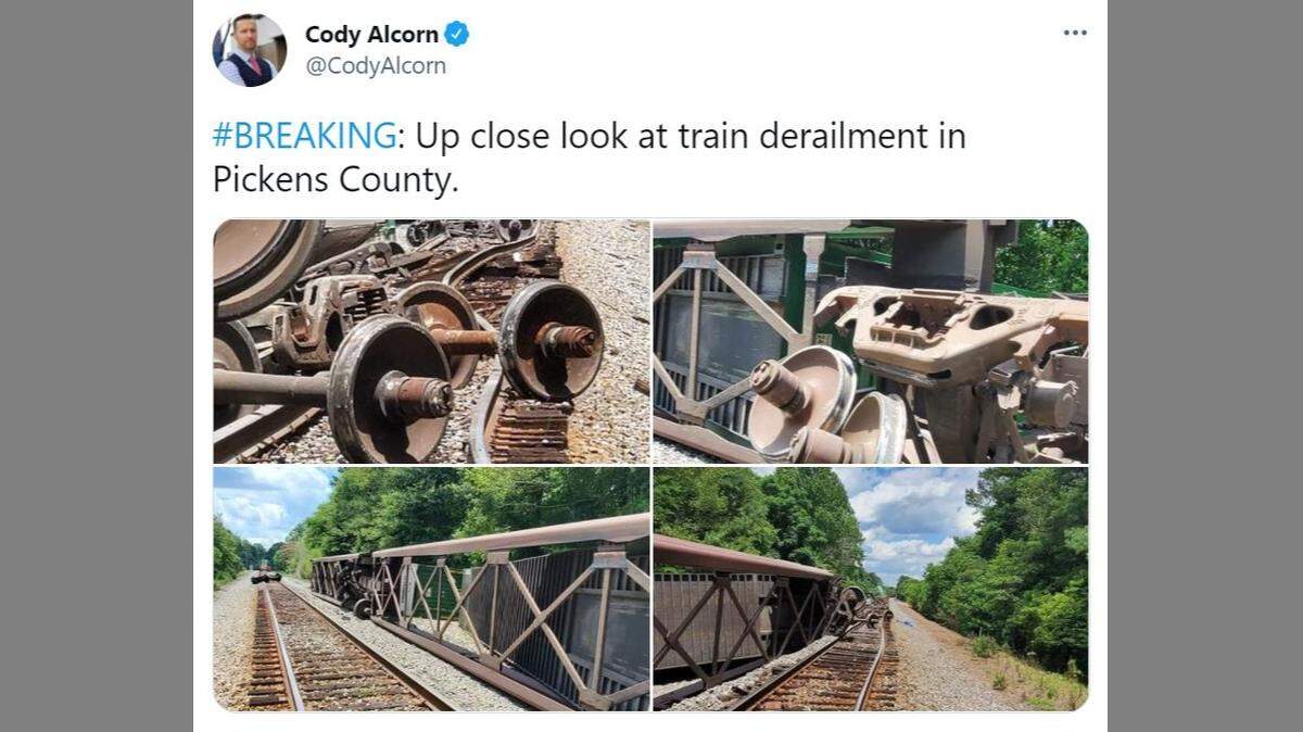Several train cars derailed in Pickens County, South Carolina, on Wednesday.