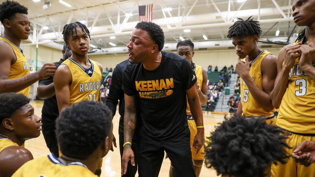 Keenan interim coach Alex Harper speaks to his players during the MLK Bash at C.A. Johnson High School in Columbia on Saturday, January 17, 2026.