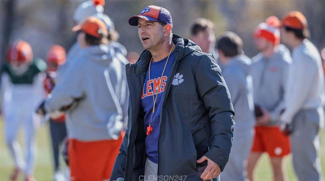 Clemson football coach Dabo Swinney during practice for the Pinstripe Bowl vs. Penn State on Dec. 15, 2025, in Clemson