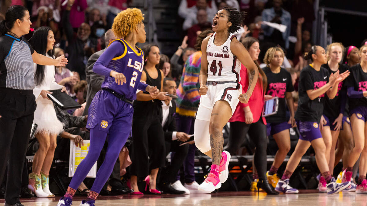 South Carolina Gamecocks guard Kierra Fletcher (41) reacts after hitting a three-pointer during South Carolina’s game against the visiting Tigers at Colonial Life Arena in Columbia on Sunday, February 12, 2023.