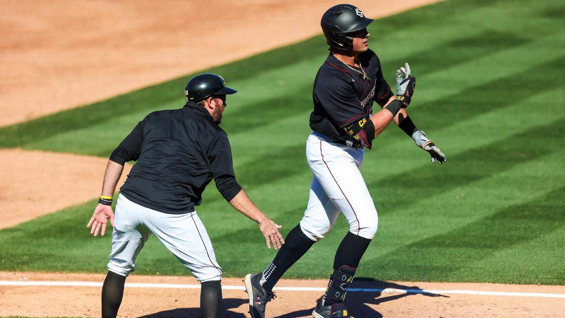 South Carolina Gamecocks first baseman Gavin Casas (52) celebrates his second home run of the game against the Clemson Tigers during the game at Founders Park in Columbia, SC, March 5, 2023.