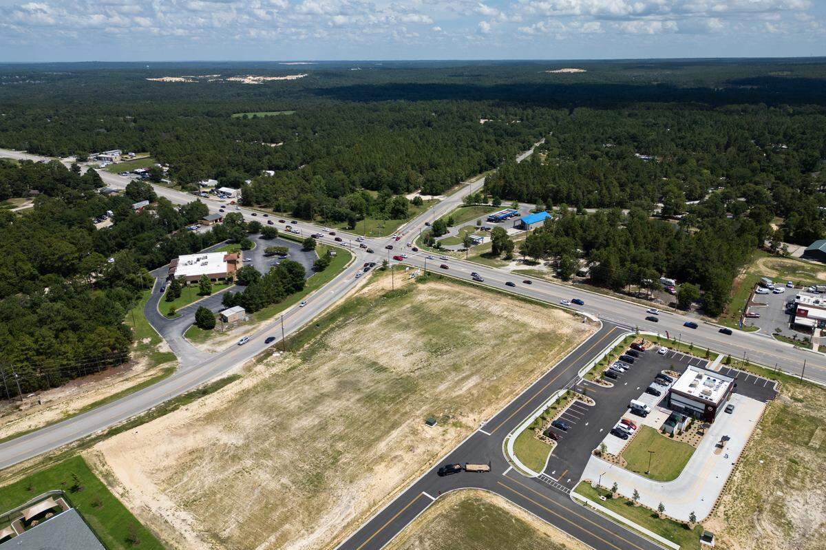 Red Bank, a community in Lexington County that is experiencing notable growth and development, on Thursday, July 17, 2025. This drone photograph shows a section of Platt Springs Road with plenty of open lots for new businesses.