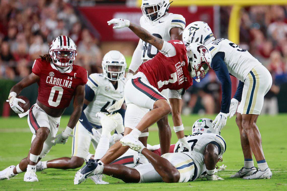 University of South Carolina running back Juju McDowell (0) plays the Akron Zips on Saturday, September 21, 2024.