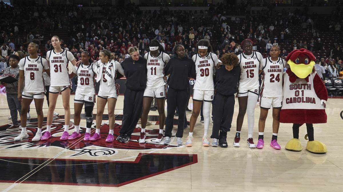 The Gamecocks stand for the Alma Mater during after their women's basketball game against Tennessee at Colonial Life Arena on Sunday, Feb. 8, 2026.