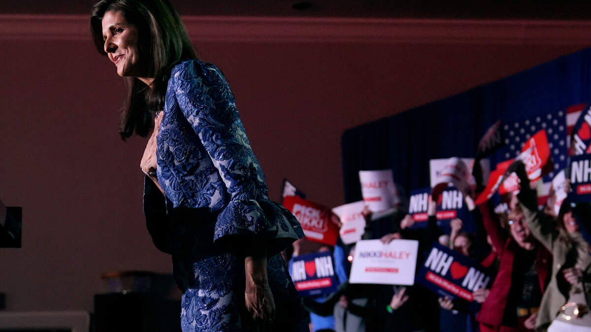 Republican presidential candidate former UN Ambassador Nikki Haley acknowledges supporters during a New Hampshire Primary night rally, in Concord, N.H., Tuesday Jan. 23, 2024. (AP Photo/Charles Krupa)