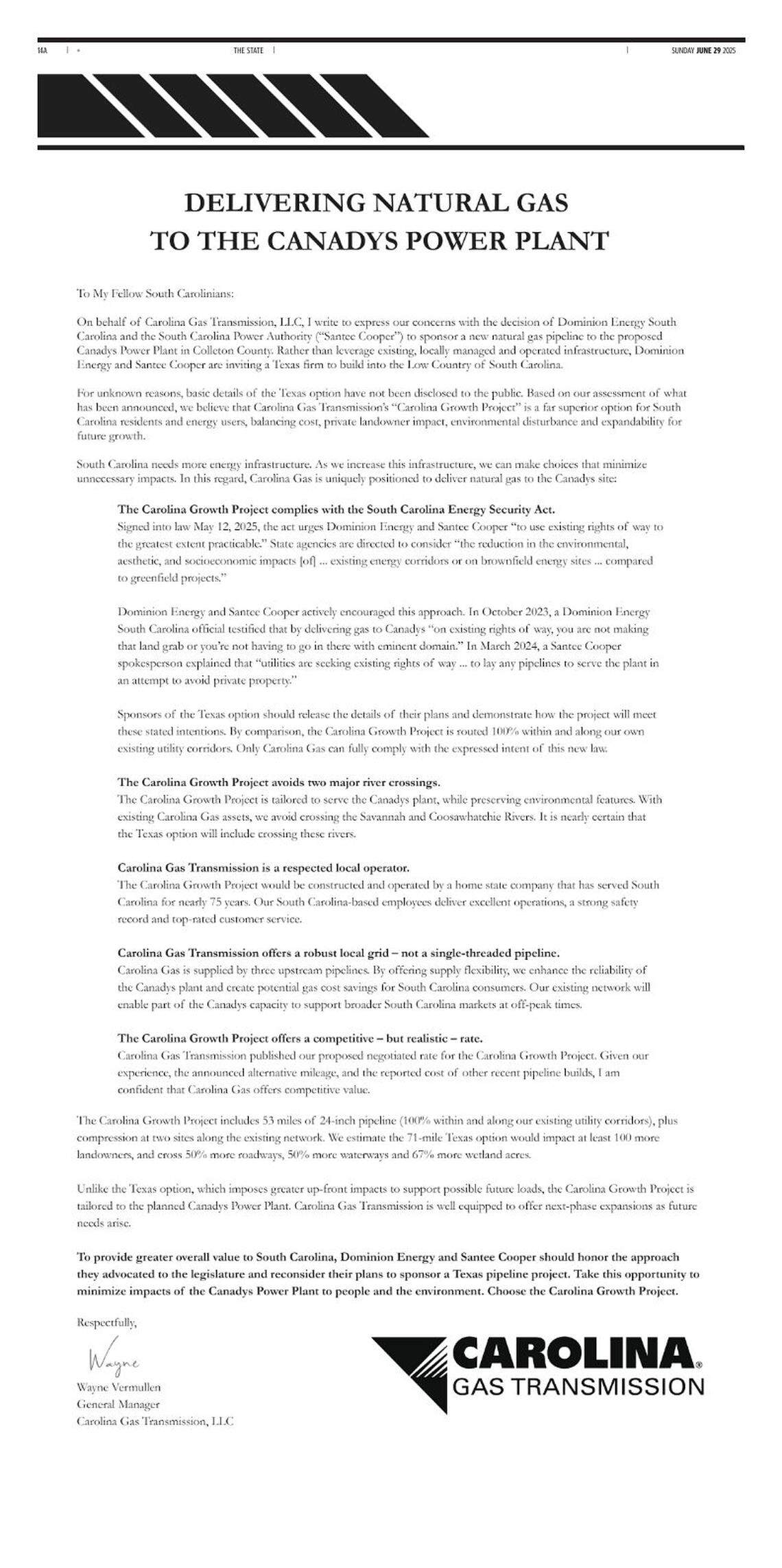Advertisement by Carolina Gas Transmission that appeared in South Carolina newspapers on June 29, 2025. The open letter criticizes plans by two utilities to use a Texas pipeline company to deliver natural gas to a large power plant proposed for Colleton County, SC
