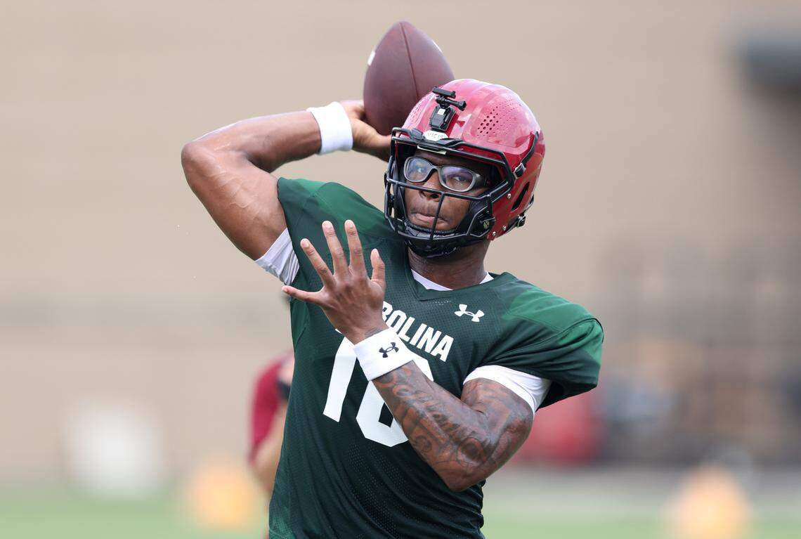 South Carolina quarterback LaNorris Sellers (16) runs drills during practice in Columbia on Sunday, August 11, 2024.