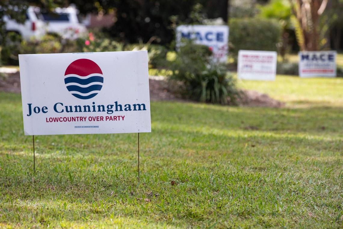 Congressman Joe Cunningham’s neighborhood is full of signs in support of him and his opponent on Friday, October 23, 2020. His yard has one sign, but his neighbor has multiple signs supporting his opponent, Nancy Mace.