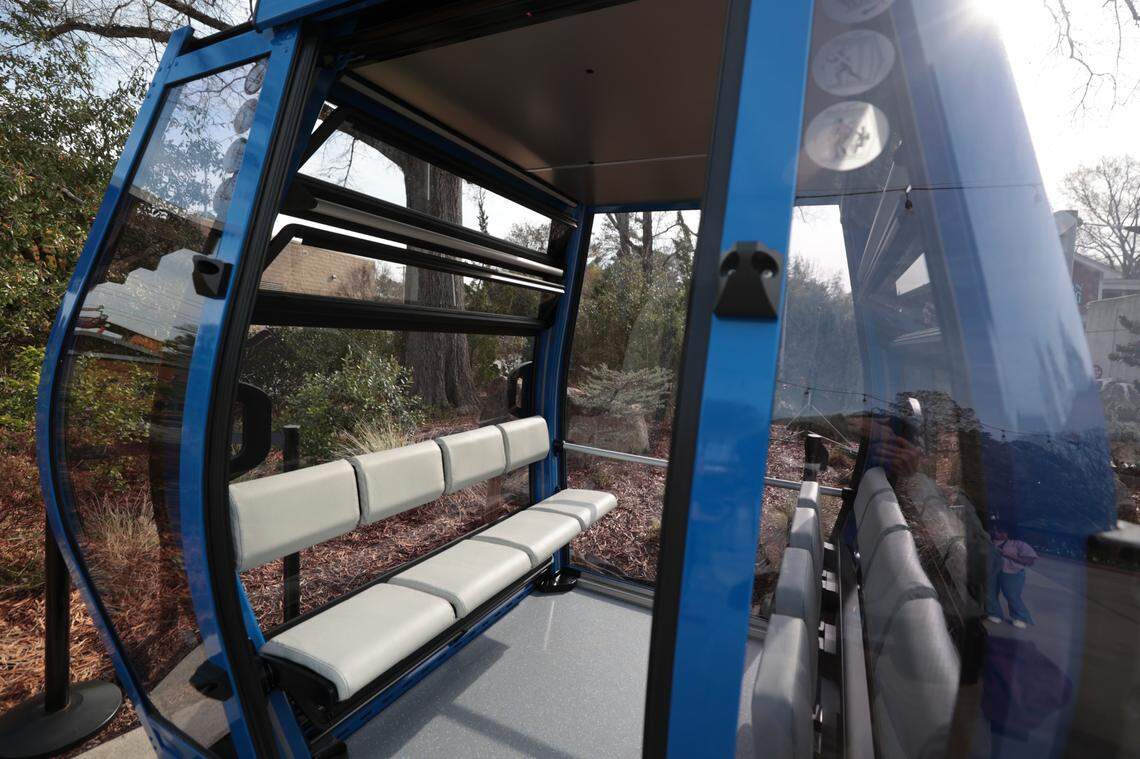 The Saluda Skyride will carry passenger across the Saluda River between the Riverbanks Zoo and the botanical gardens. One of the 19 aerial gondola cars is on display at Riverbanks Zoo.