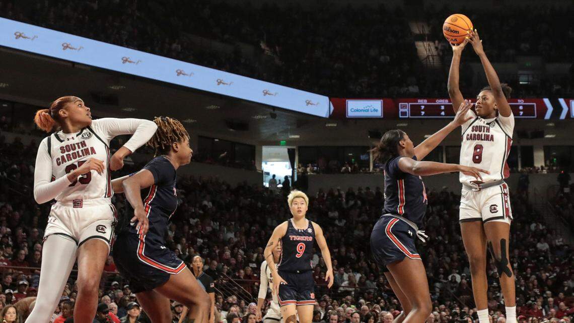 University of South Carolina’s Joyce Edwards (8) looks to shoot as Auburn’s Taylen Collins (14) pressures during the first half of action in the Colonial Life Arena on Sunday, Feb. 2, 2025.